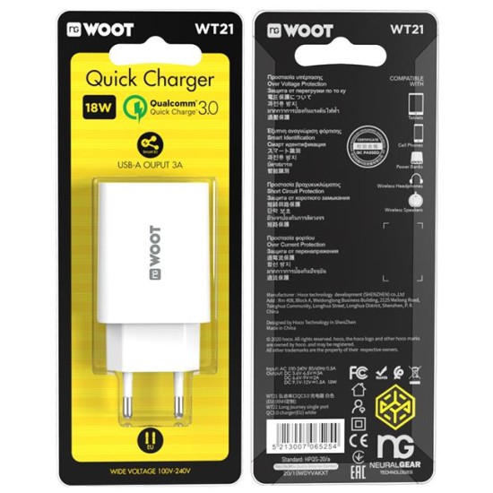 NG WOOT WT21 USB CHARGER QC3.0 18W
